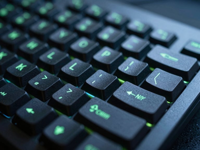 Macro close-up of a dark mechanical keyboard with glowing green LED backlight, shallow depth of field, sharp focus on the command key, cool blue and charcoal ambient tones