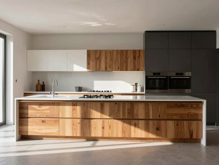 The same interior room completely transformed into a bright modern minimalist kitchen with white countertops, warm wood accents, and natural sunlight