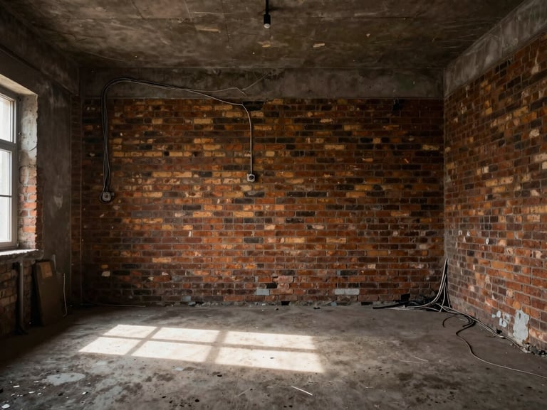 Interior of an old, dark, unrenovated brick room with messy wiring and low light, showing raw potential before intervention