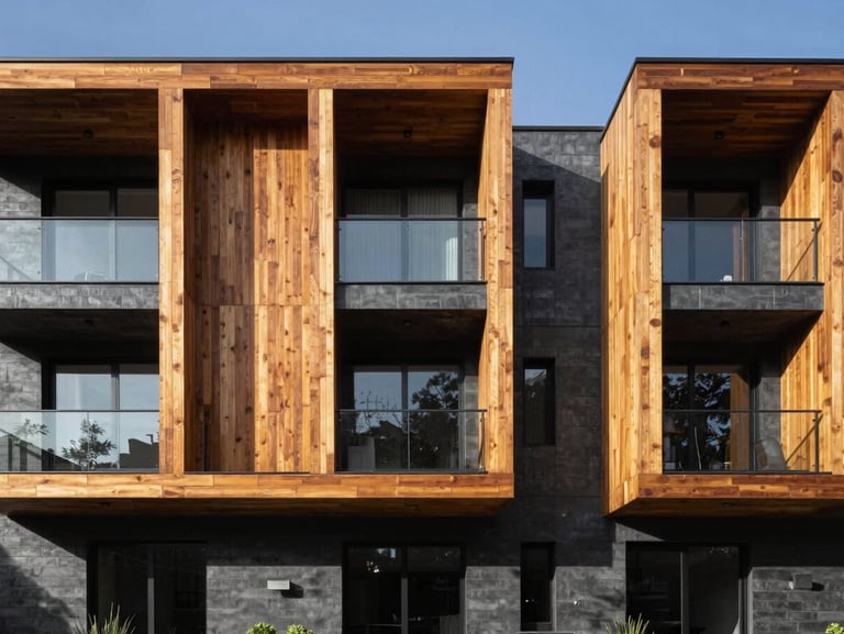 Sharp architectural photography of a modern residential facade in Hidalgo, straight lines, high-contrast natural sunlight casting strong geometric shadows, warm amber wood and deep charcoal concrete finishes.