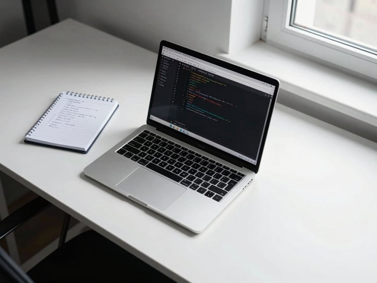 Wide shot of a sparse developer workspace from above — a single open laptop displaying a code editor on a white desk, a small notepad with handwritten requirements visible to the left, clean natural window light from the right, no clutter, high contrast monochromatic tones