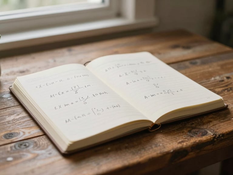 A close-up of a rustic wooden desk with a notebook showing clean mathematical formulas, warm natural lighting, shallow depth of field