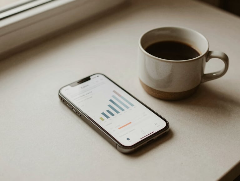 Minimalist flat-lay of a smartphone displaying a clean analytics graph next to a ceramic coffee mug, warm earth tones, soft shadows