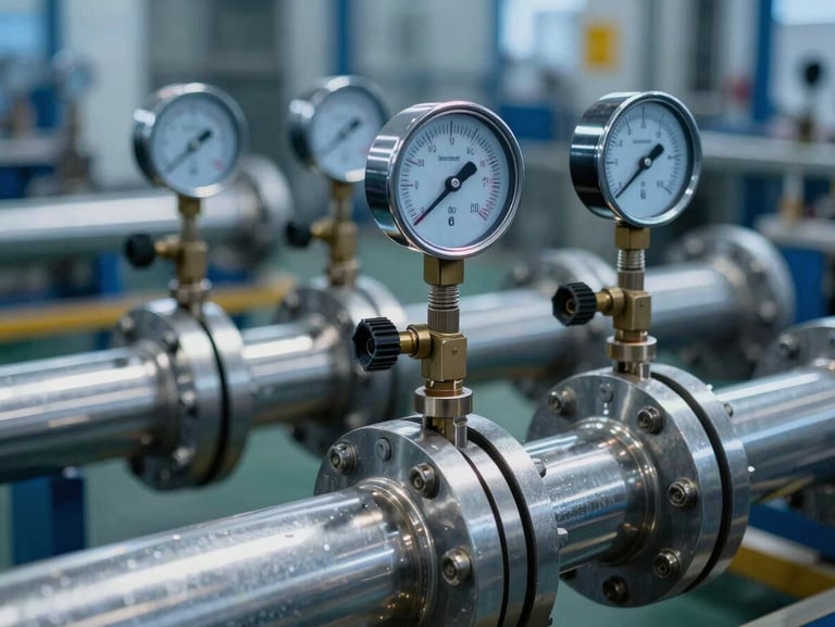 Close-up of industrial hydraulic pipes with pressure gauges, metallic surfaces reflecting cold blue light in a clean, professional factory setup.