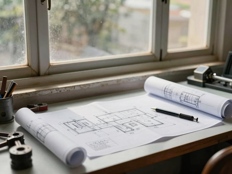 Warm natural daylight filtering through workshop windows onto a professional desk in Coimbatore, displaying blueprints and mechanical tools, clean composition
