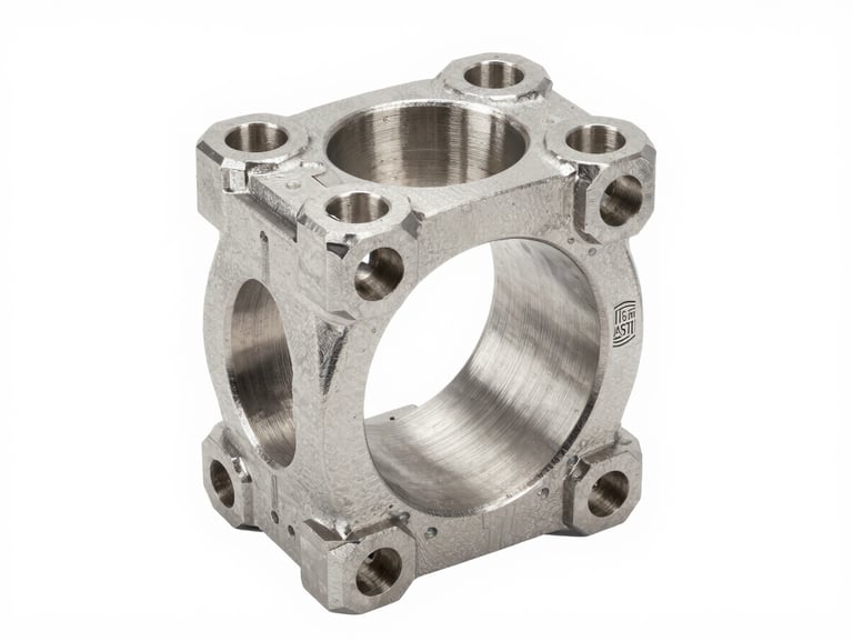 Frontal isometric studio shot of a stainless steel industrial flange, ASTM certification stamp clearly visible, cold technical lighting, white background.