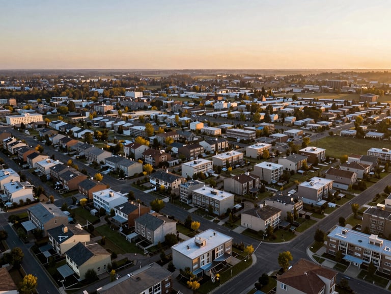 Cinematic aerial drone shot of a manicured plotted township at golden hour, sharp boundary lines, high-end real estate aesthetic