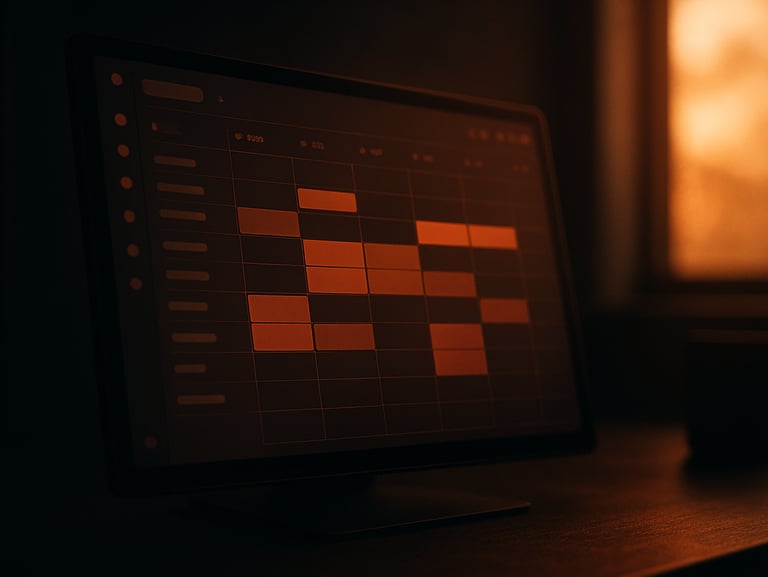 Cinematic close-up of a modern calendar scheduling dashboard on a screen, warm lighting, shallow depth of field