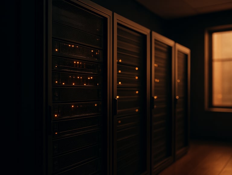 Cinematic shot of server racks with soft amber indicator lights in a dark room, clean lines, premium look