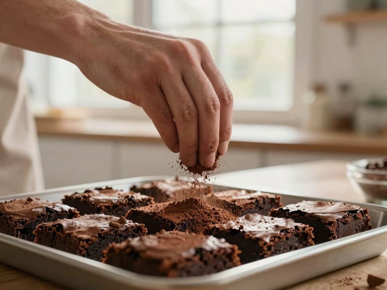 Hands delicately dusting cocoa powder over a fresh batch of fudge brownies, soft morning light filtering through a window, warm kitchen setting.