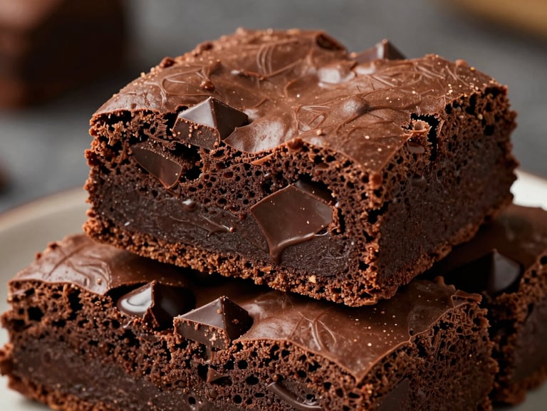 A stack of thick, fudgy chocolate brownies showing rich texture and glossy chocolate chunks, warm side lighting.