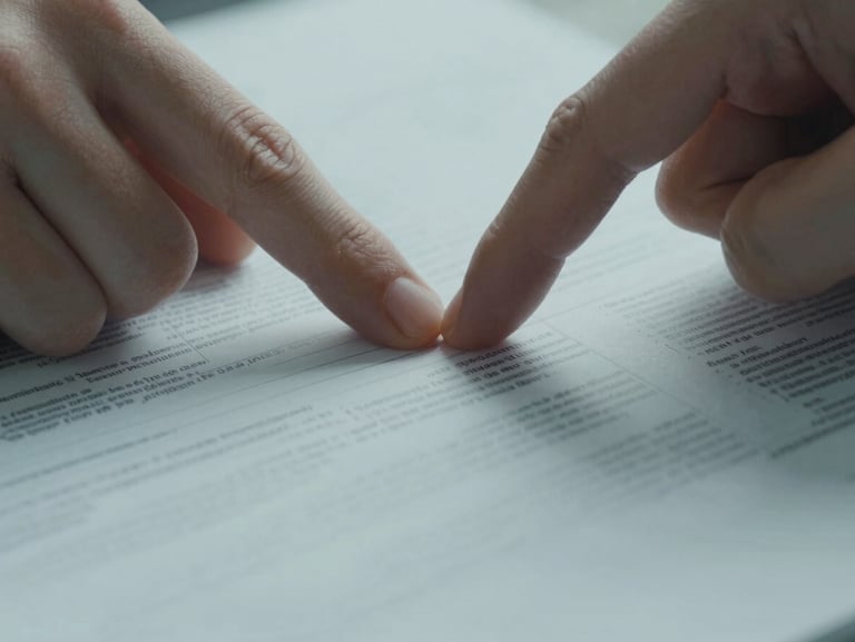 Close-up of a hand pointing at a specific line on a structured printed French document, cool overhead daylight, fingertip resting on the page, crisp focus on the paper texture, no faces visible