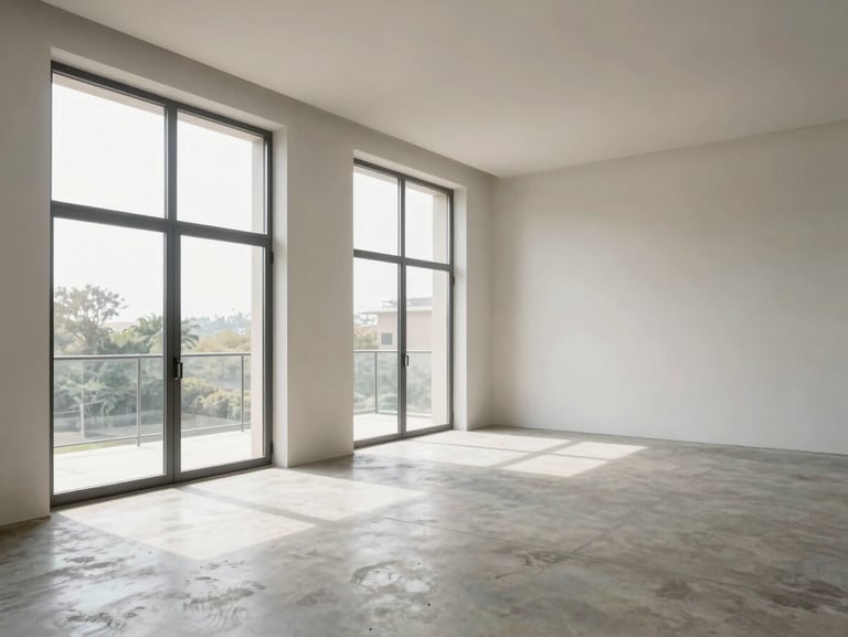 Bright interior of a modern apartment showing clean lines, natural light pouring through large steel-framed windows, concrete floor, muted earth tones.