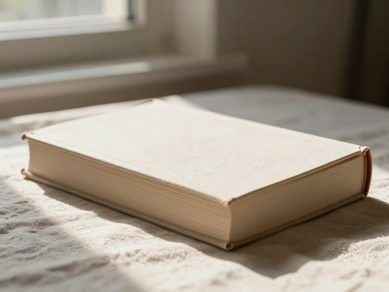 Close side-lit view of a closed hardback book resting on a pale linen cloth, warm diffused afternoon light from a nearby window, soft taupe and cream tones, the spine partially visible, quiet and still