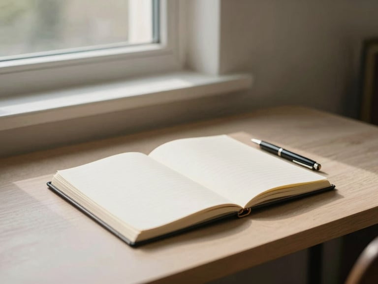 Wide shot of a softly lit interior writing desk, a notebook open to a blank page, a fine pen resting beside it, gentle north-facing window light, warm ivory and taupe surfaces, no people, calm and unhurried