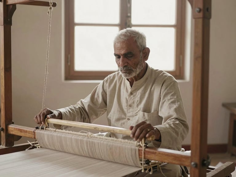 Dignified portrait of a master textile weaver in Rajasthan, sitting by a traditional wooden loom under soft diffused window light, focused expression, muted earth tones