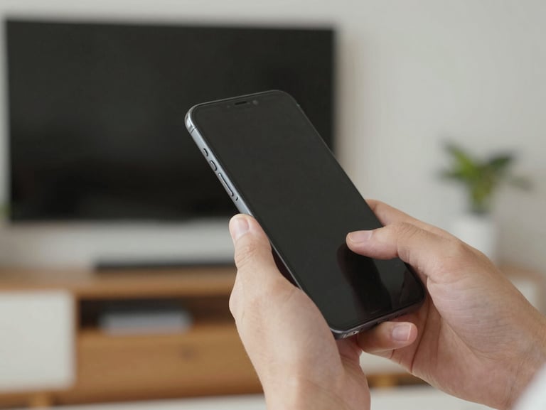Hand pressing a smartphone to ear, daylight-neutral indoor light, finger visible on the screen edge, blurred living room background with a dark TV screen
