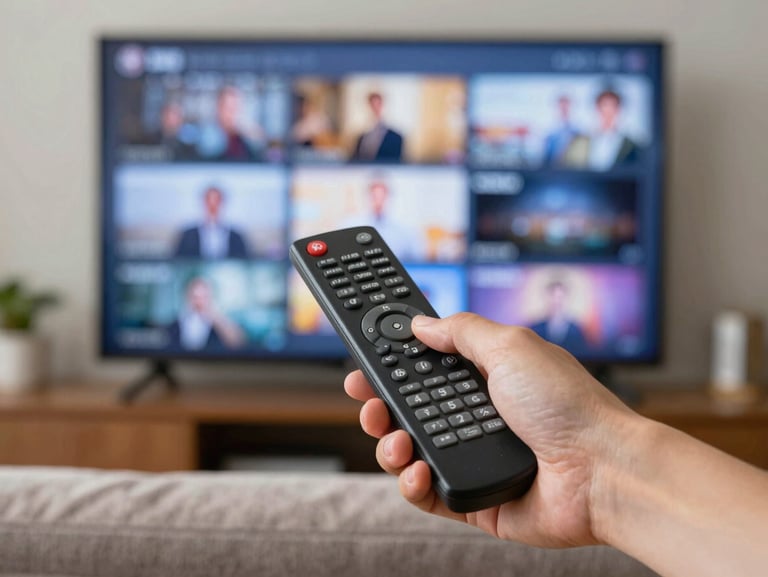 Hand pointing a TV remote at a large screen, tungsten living-room light, screen showing a channel grid in mid-browse, couch visible in foreground