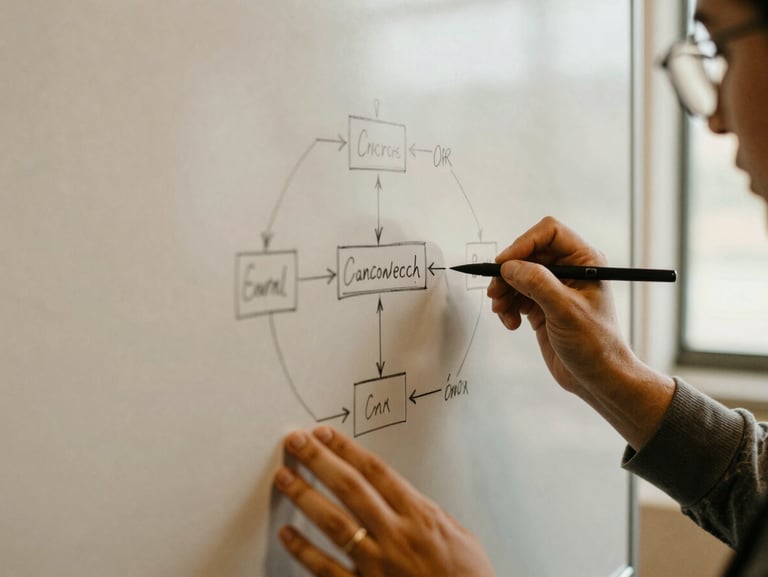 A close-up of a collaborative workshop session, hands sketching a systems diagram on a whiteboard, warm natural light, shallow depth of field.