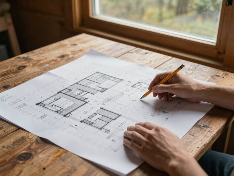 Wide environmental shot from above, architectural site plans spread across a worn timber table, two sets of hands pointing to specific details, overcast northern daylight through a site cabin window, pencil markings and measurement notes visible