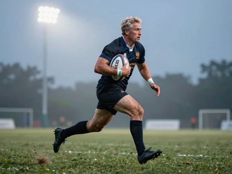 Dynamic action shot of a senior rugby player mid-stride, clutching the ball, floodlights cutting through the evening mist