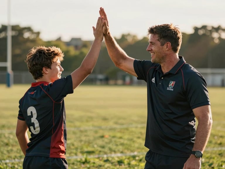 A coach high-fiving a young rugby player on a sunny grass field, warm golden hour light, genuine smiles
