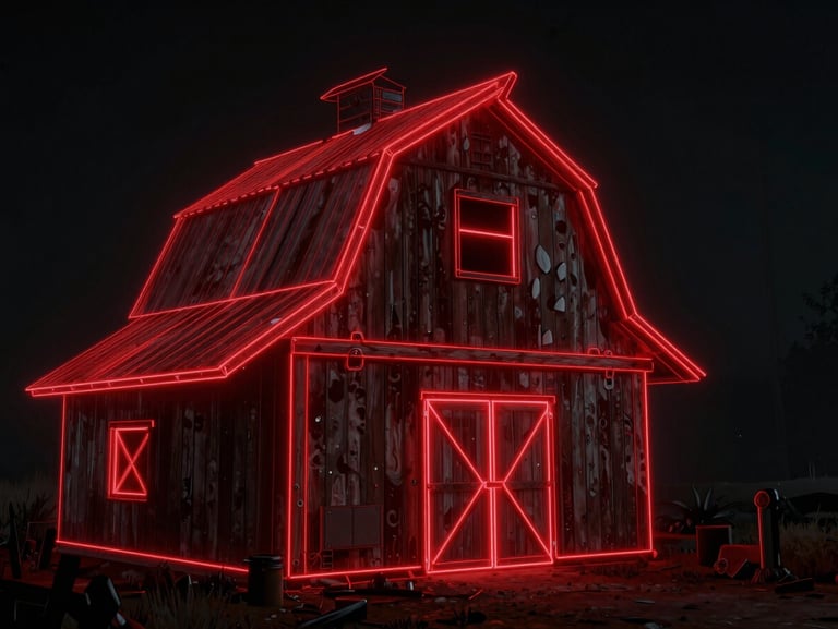 Atmospheric level design wireframe in a game engine, glowing red lines forming a rustic barn structure, dark background, technical aesthetic.