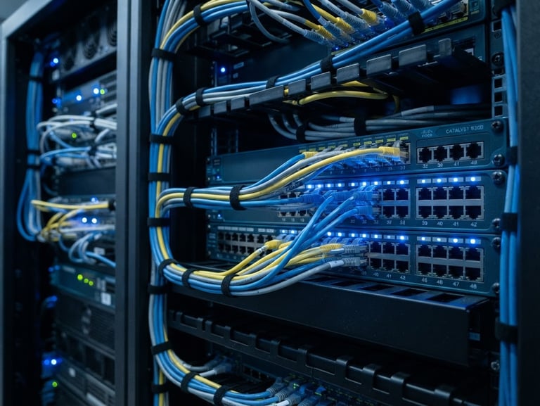 Close-up of structured network cabling in a server rack, clean blue LED status lights, technical precision photography.