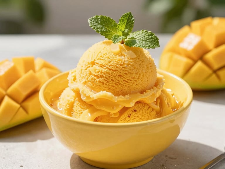 A refreshing scoop of mango sorbet in a bright yellow bowl, garnished with mint, sunny outdoor setting.