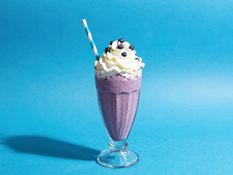 A thick blueberry milkshake in a vintage glass with a striped straw, whipped cream on top, bright blue background.