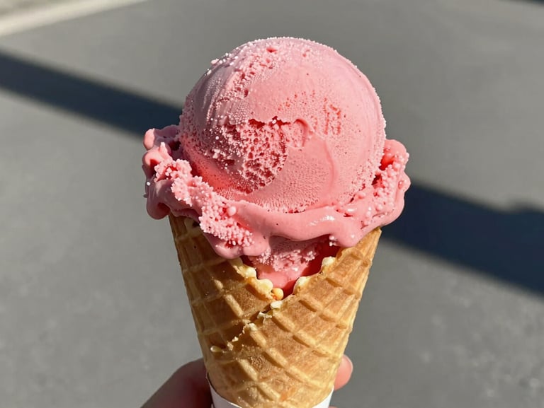 A scoop of vibrant pink strawberry ice cream on a freshly pressed waffle cone, bright sunlight, sharp shadows.