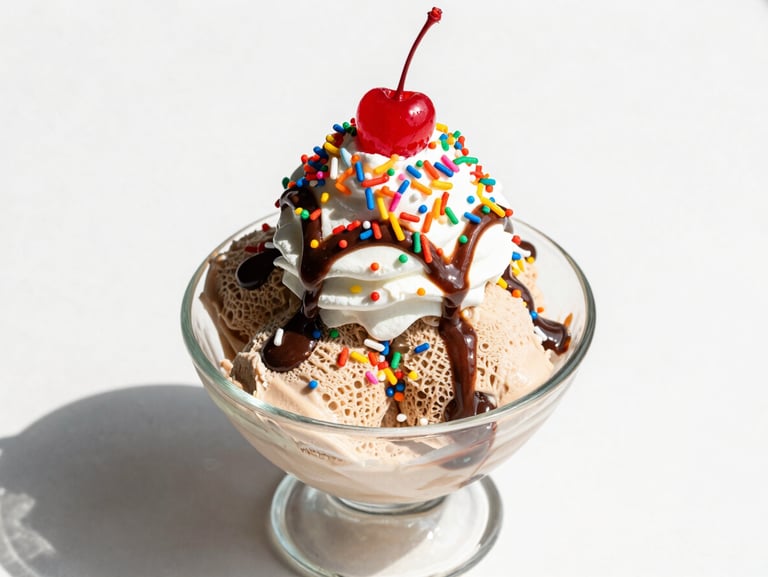 A massive sundae in a glass bowl overflowing with hot fudge, rainbow sprinkles, and a cherry on top, high-key lighting.