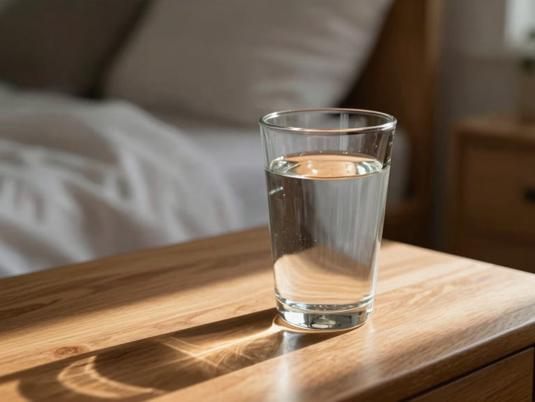 A close-up of a glass of water on a wooden bedside table, soft warm morning light casting long shadows, peaceful bedroom background.