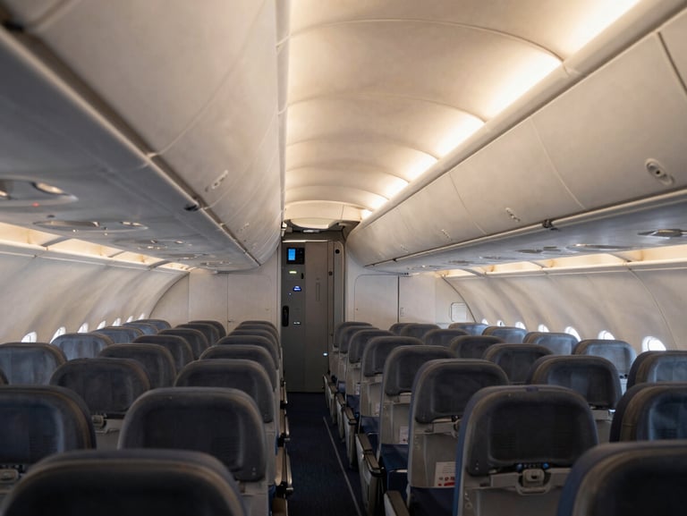 Clean, spacious aircraft cabin with soft, warm lighting, evoking a sense of calm and safety, wide horizontal view