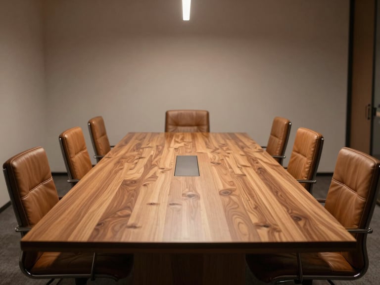 A minimalist commercial boardroom featuring a long solid hardwood table and structured leather chairs, architectural lighting