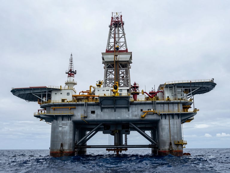 An offshore oil rig operating in the Gulf of Mexico under high-contrast overcast daylight, cool metallic surfaces, powerful perspective.
