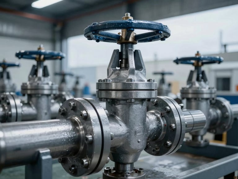 Close-up of high-specification steel industrial valves and heavy machinery components in a clean warehouse, cool steel tones, dramatic lighting.