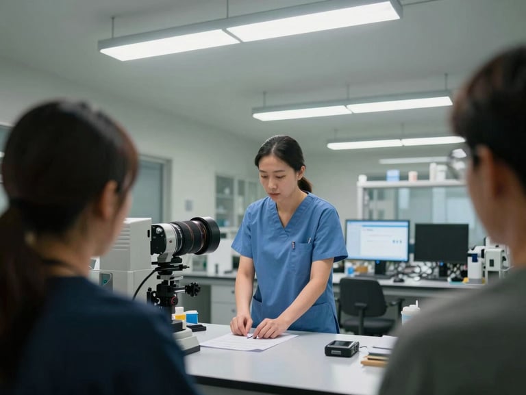 Wide environmental shot inside a training lab, a carer in scrubs attentively watching a clinical demonstration at a workstation, overhead fluorescent light, other participants visible at the edges, observational framing