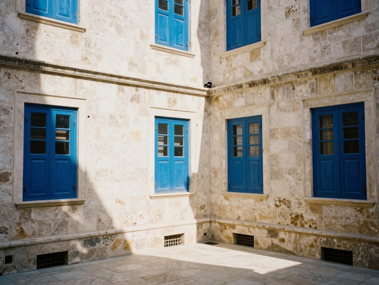 Warm editorial photo of the beautifully restored stone courtyard of Gaziantep Mavim Otel, sun-dappled light on clean basalt walls, vibrant blue shutters, 35mm.