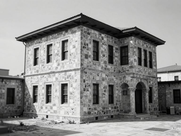 Archival black and white photo of a historic stone mansion in Gaziantep, showing the weathered facade and original courtyard structure before restoration, soft vintage texture.