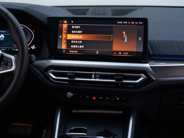 BMW iDrive CIC system main menu on dashboard screen, vertical list layout, classic orange highlights, dark cabin interior, premium automotive photography, 35mm