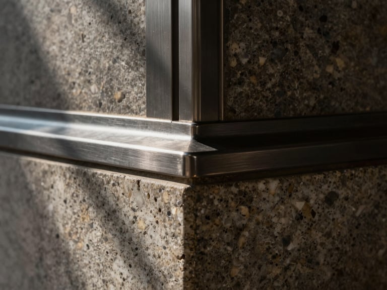 Tactile close-up of dark brushed steel and heavy travertine stone architectural joints, low-key natural lighting with deep shadows.