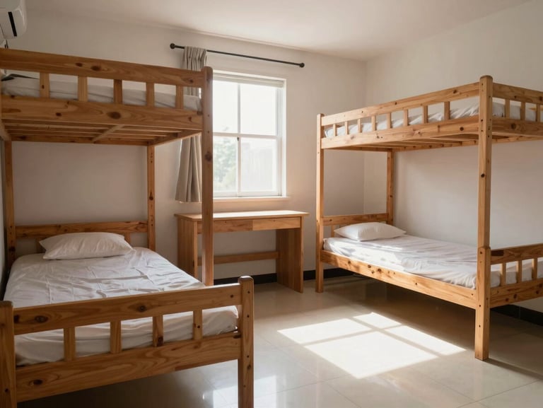 Real unedited photo of a spacious double-sharing PG room with natural light, featuring two wooden beds, study desks, and clean tiled flooring.