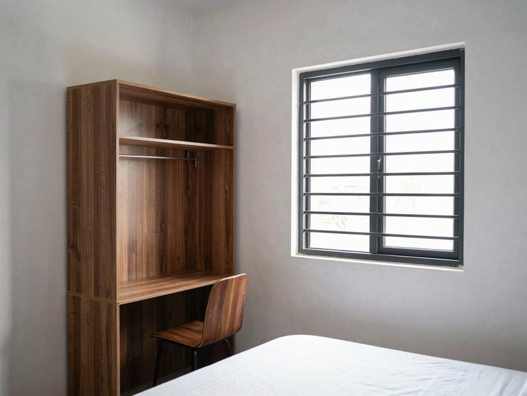 A clean, bright single-occupancy ladies PG room in Yelahanka showing a study corner, a wardrobe, and a secure window with safety grills.