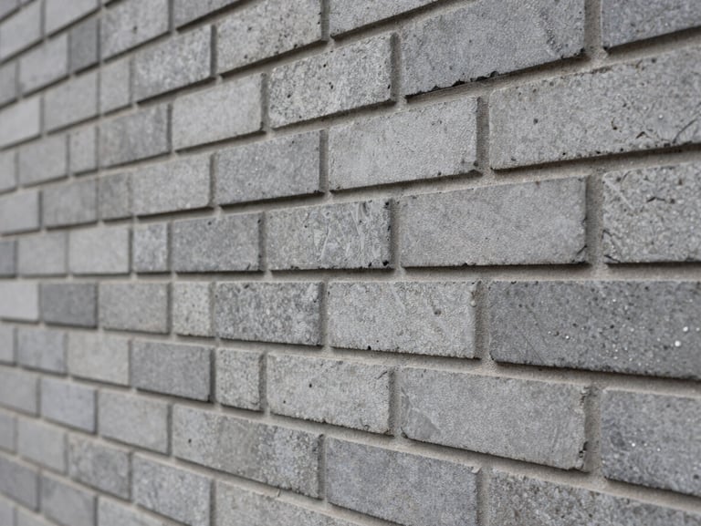 Close-up architectural detail of premium hand-cut grey brickwork, precise mortar lines, soft overcast daylight highlighting the rough texture.