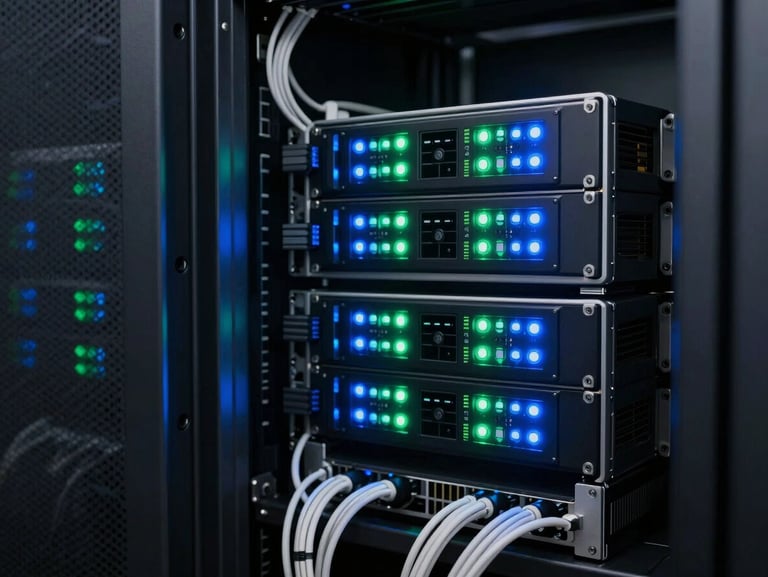Close-up of a modern server rack with glowing electric blue and cyber-green status lights, clean cable management, dark technical environment.