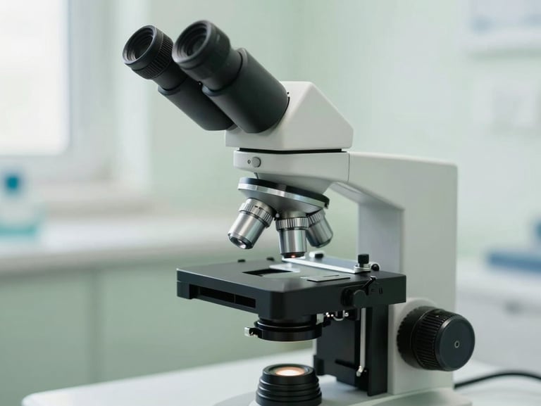 Close-up of a modern diagnostic microscope in a bright, calm medical room, sage green accents, soft daylight, 35mm.