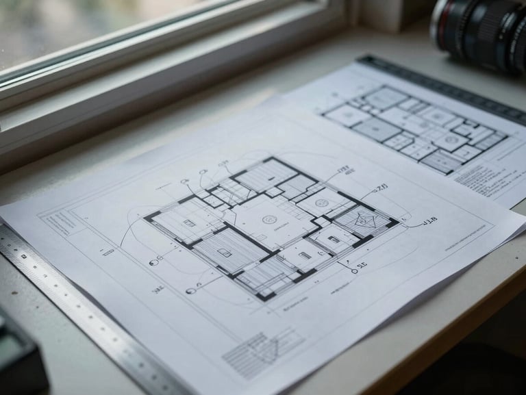 Overhead view of printed architectural system diagrams spread on a work table with annotation marks and rulers, cool north-facing window light, technical documentation in use