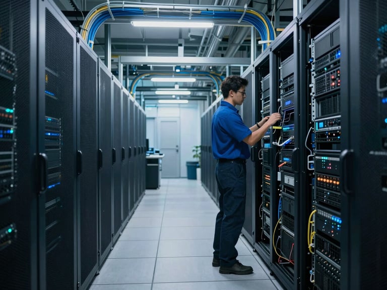 Wide shot of a data center operations floor, technician's back visible examining rack equipment, cool blue-white ambient lighting, cable runs visible overhead, functional environment