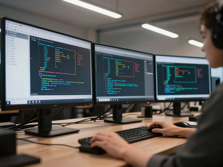 Tight shot of a developer workstation with multiple monitors displaying database schema diagrams, cool overhead fluorescent lighting, keyboard and mouse in frame, no people